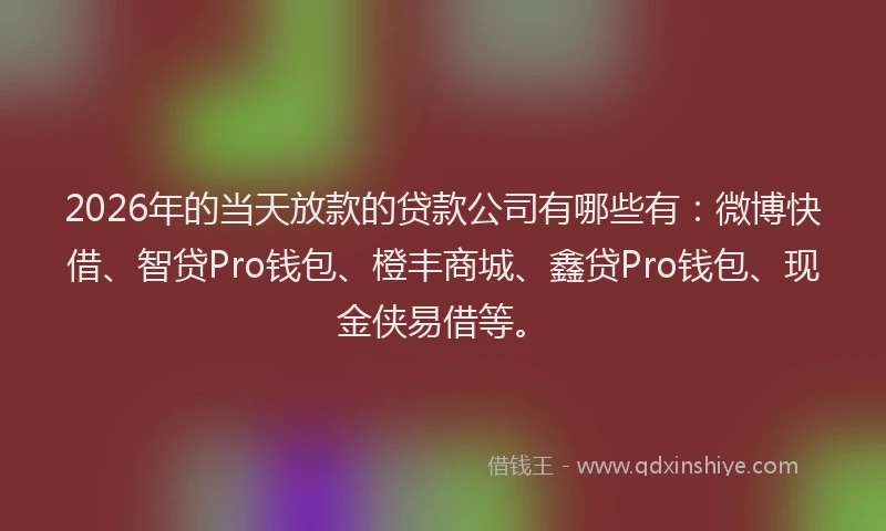 2026年的当天放款的贷款公司有哪些有：微博快借、智贷Pro钱包、橙丰商城、鑫贷Pro钱包、现金侠易借等。