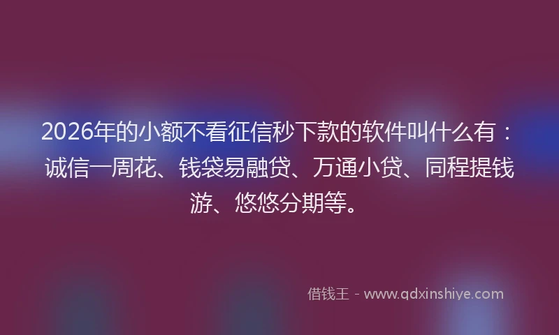 2026年的小额不看征信秒下款的软件叫什么有：诚信一周花、钱袋易融贷、万通小贷、同程提钱游、悠悠分期等。