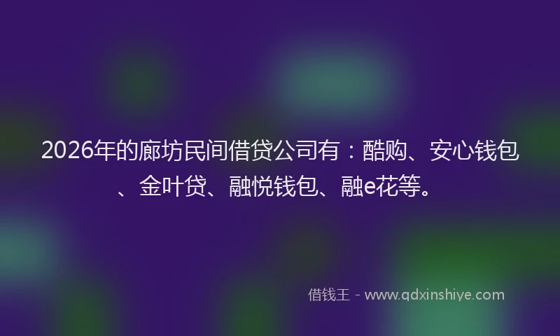 2026年的廊坊民间借贷公司有：酷购、安心钱包、金叶贷、融悦钱包、融e花等。