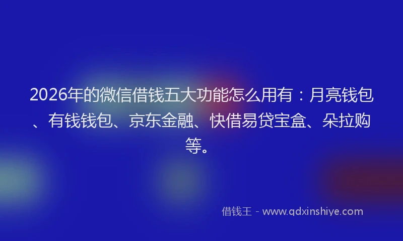 2026年的微信借钱五大功能怎么用有：月亮钱包、有钱钱包、京东金融、快借易贷宝盒、朵拉购等。