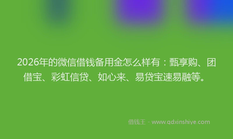 2026年的微信借钱备用金怎么样有：甄享购、团借宝、彩虹信贷、如心来、易贷宝速易融等。