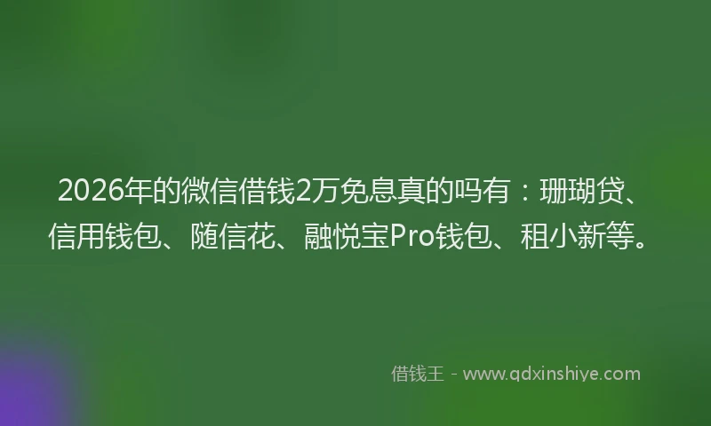 2026年的微信借钱2万免息真的吗有：珊瑚贷、信用钱包、随信花、融悦宝Pro钱包、租小新等。