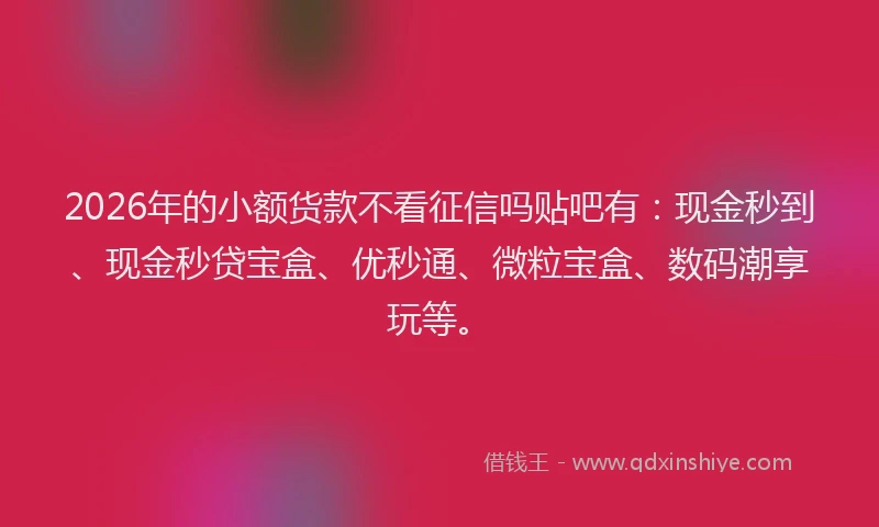 2026年的小额货款不看征信吗贴吧有：现金秒到、现金秒贷宝盒、优秒通、微粒宝盒、数码潮享玩等。