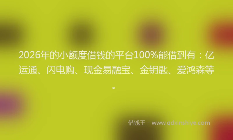 2026年的小额度借钱的平台100%能借到有：亿运通、闪电购、现金易融宝、金钥匙、爱鸿森等。