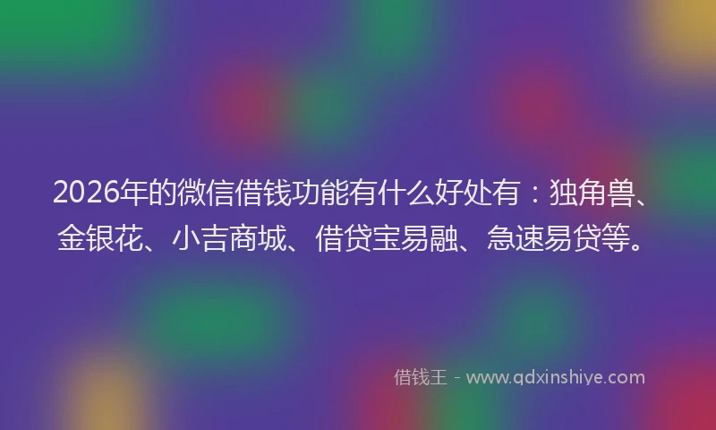 2026年的微信借钱功能有什么好处有:独角兽、金银花、小吉商城、借贷宝易融、急速易贷等。