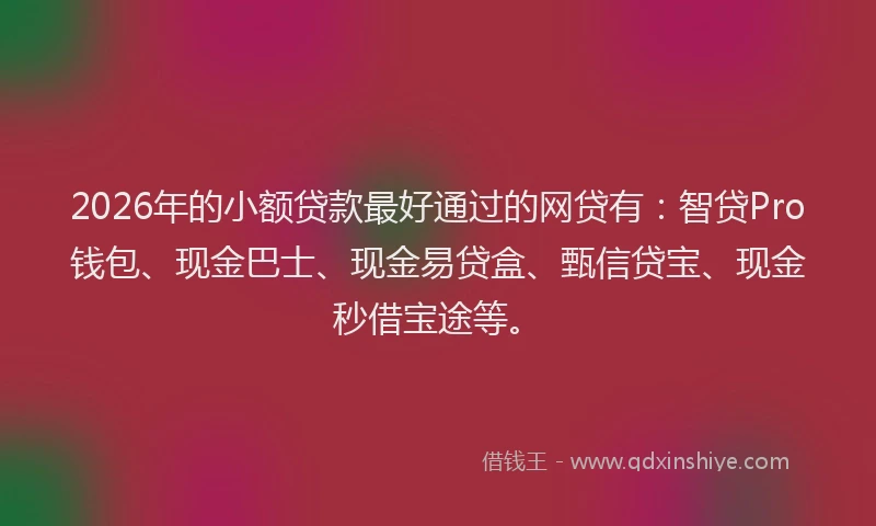 2026年的小额贷款最好通过的网贷有:智贷Pro钱包、现金巴士、现金易贷盒、甄信贷宝、现金秒借宝途等。