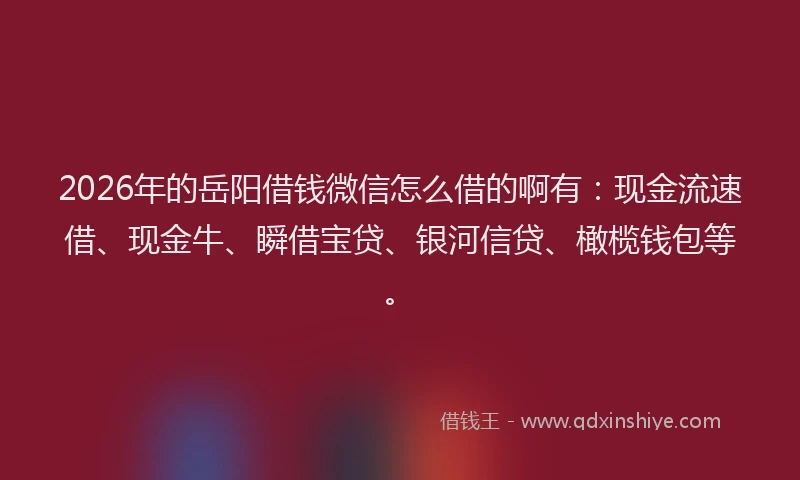 2026年的岳阳借钱微信怎么借的啊有：现金流速借、现金牛、瞬借宝贷、银河信贷、橄榄钱包等。
