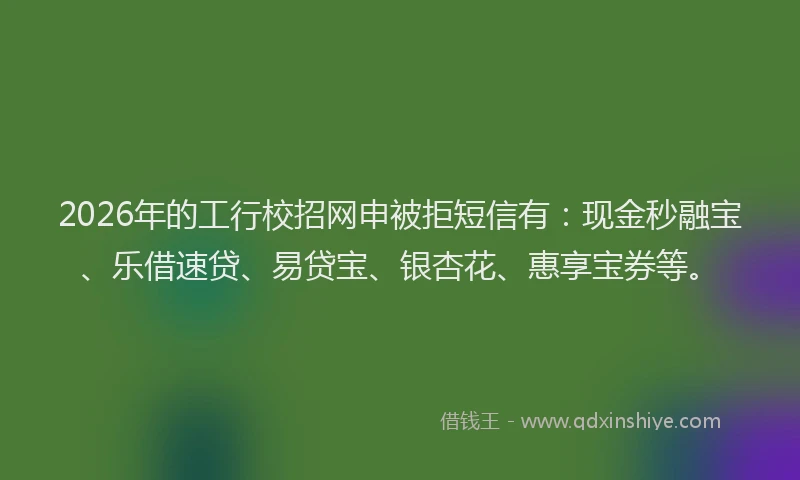 2026年的工行校招网申被拒短信有：现金秒融宝、乐借速贷、易贷宝、银杏花、惠享宝券等。