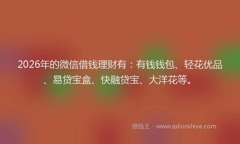 2026年的微信借钱理财有:有钱钱包、轻花优品、易贷宝盒、快融贷宝、大洋花等。