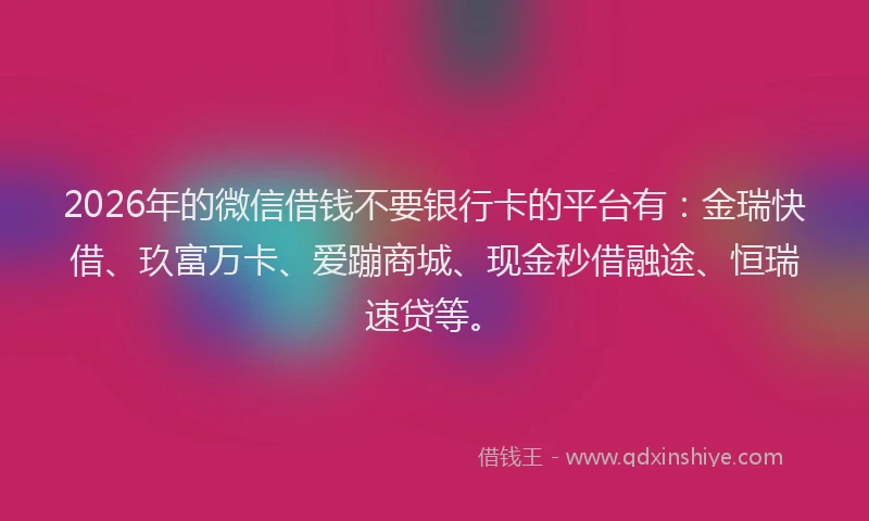 2026年的微信借钱不要银行卡的平台有：金瑞快借、玖富万卡、爱蹦商城、现金秒借融途、恒瑞速贷等。
