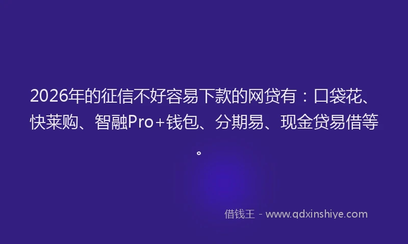 2026年的征信不好容易下款的网贷有：口袋花、快莱购、智融Pro+钱包、分期易、现金贷易借等。