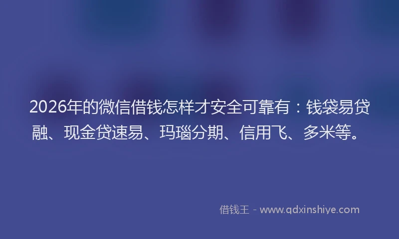 2026年的微信借钱怎样才安全可靠有:钱袋易贷融、现金贷速易、玛瑙分期、信用飞、多米等。