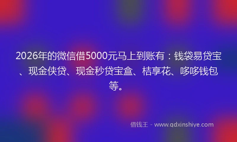 2026年的微信借5000元马上到账有：钱袋易贷宝、现金侠贷、现金秒贷宝盒、桔享花、哆哆钱包等。