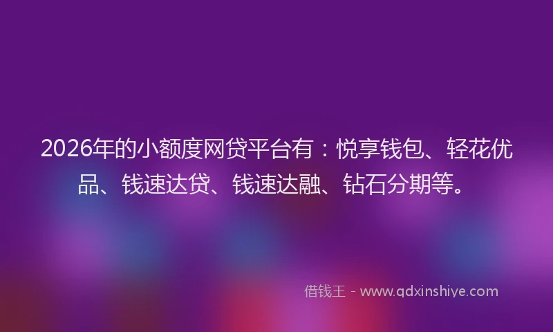 2026年的小额度网贷平台有：悦享钱包、轻花优品、钱速达贷、钱速达融、钻石分期等。