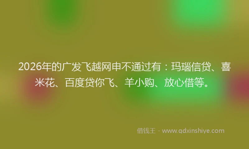 2026年的广发飞越网申不通过有：玛瑙信贷、喜米花、百度贷你飞、羊小购、放心借等。