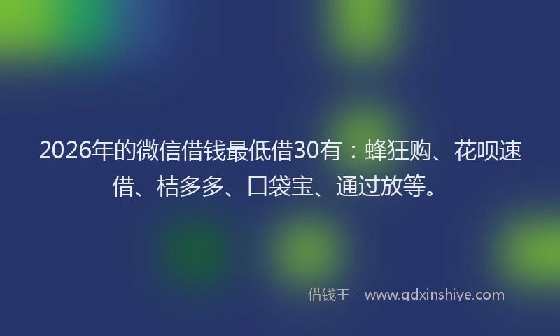 2026年的微信借钱最低借30有：蜂狂购、花呗速借、桔多多、口袋宝、通过放等。