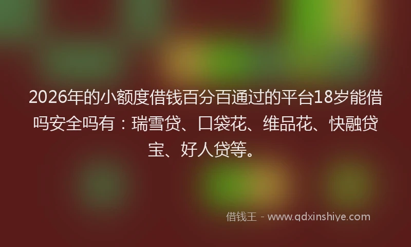 2026年的小额度借钱百分百通过的平台18岁能借吗安全吗有：瑞雪贷、口袋花、维品花、快融贷宝、好人贷等。