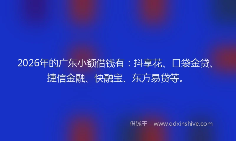 2026年的广东小额借钱有:抖享花、口袋金贷、捷信金融、快融宝、东方易贷等。