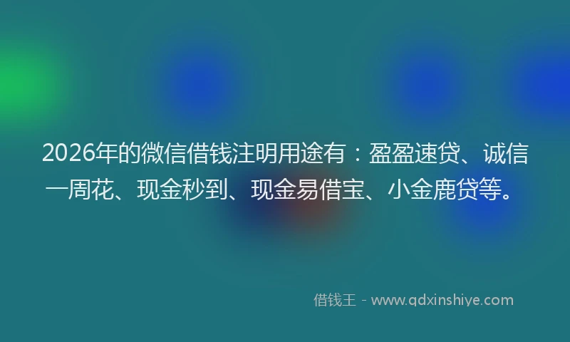 2026年的微信借钱注明用途有：盈盈速贷、诚信一周花、现金秒到、现金易借宝、小金鹿贷等。
