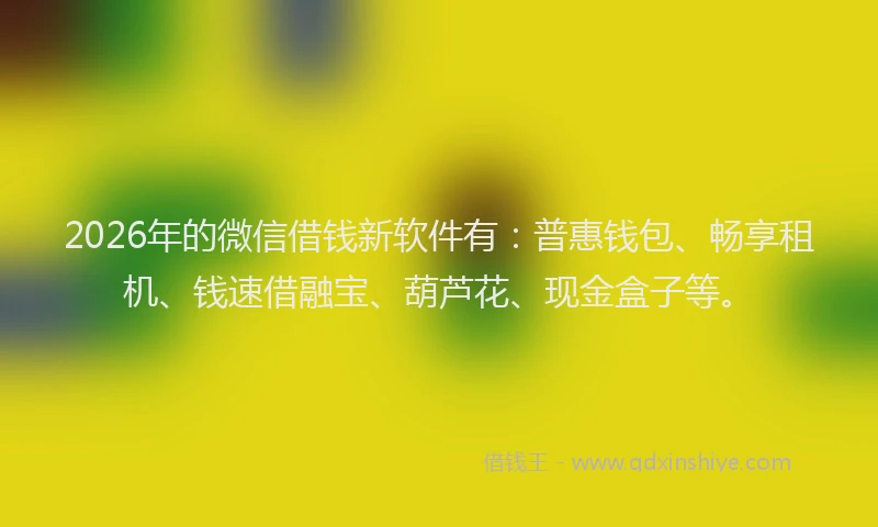 2026年的微信借钱新软件有：普惠钱包、畅享租机、钱速借融宝、葫芦花、现金盒子等。