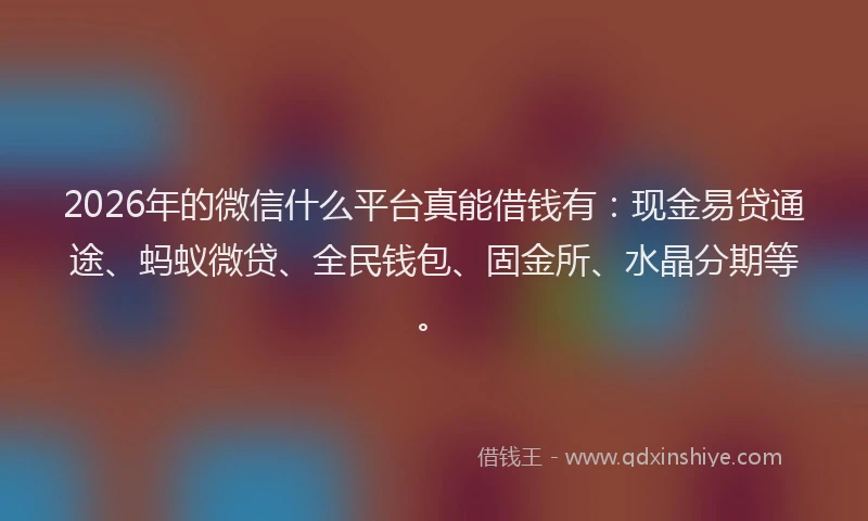 2026年的微信什么平台真能借钱有：现金易贷通途、蚂蚁微贷、全民钱包、固金所、水晶分期等。