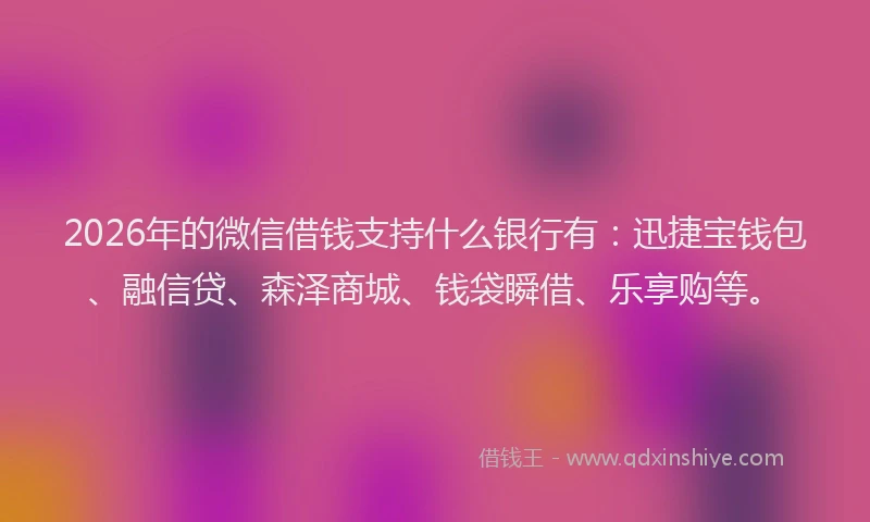 2026年的微信借钱支持什么银行有:迅捷宝钱包、融信贷、森泽商城、钱袋瞬借、乐享购等。