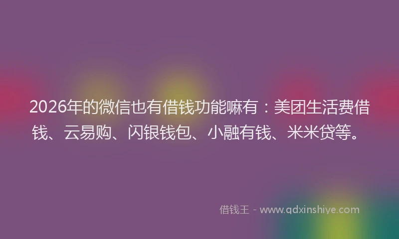 2026年的微信也有借钱功能嘛有：美团生活费借钱、云易购、闪银钱包、小融有钱、米米贷等。