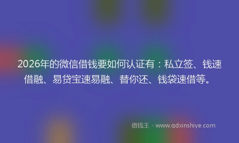 2026年的微信借钱要如何认证有：私立签、钱速借融、易贷宝速易融、替你还、钱袋速借等。