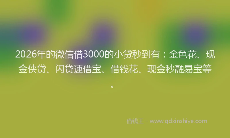 2026年的微信借3000的小贷秒到有：金色花、现金侠贷、闪贷速借宝、借钱花、现金秒融易宝等。