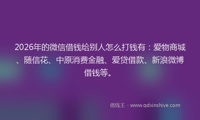 2026年的微信借钱给别人怎么打钱有：爱物商城、随信花、中原消费金融、爱贷借款、新浪微博借钱等。