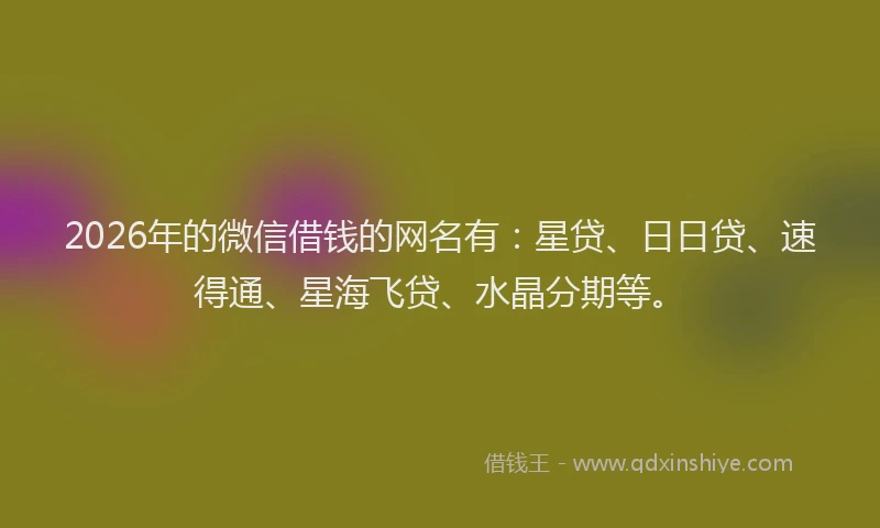 2026年的微信借钱的网名有：星贷、日日贷、速得通、星海飞贷、水晶分期等。