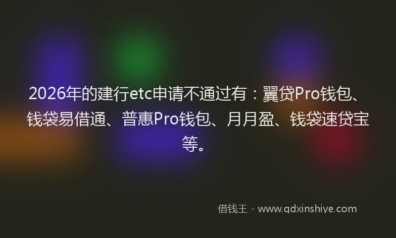 2026年的建行etc申请不通过有：翼贷Pro钱包、钱袋易借通、普惠Pro钱包、月月盈、钱袋速贷宝等。