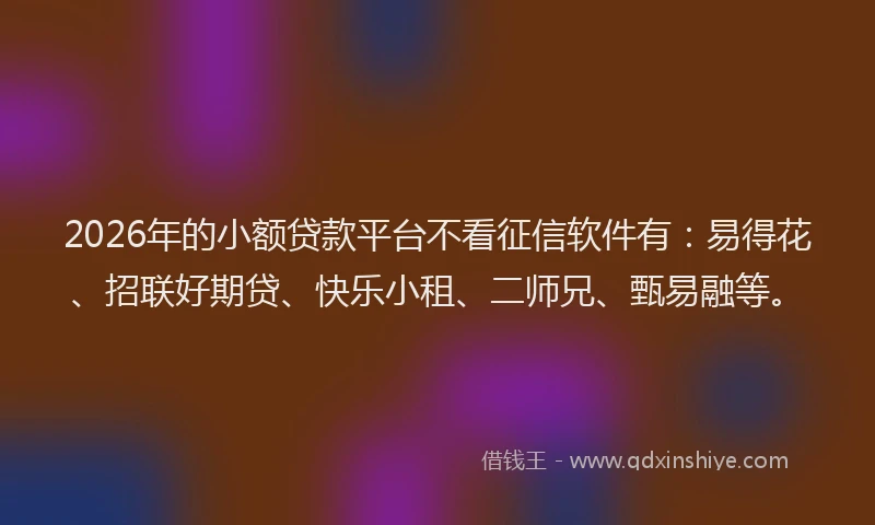 2026年的小额贷款平台不看征信软件有：易得花、招联好期贷、快乐小租、二师兄、甄易融等。