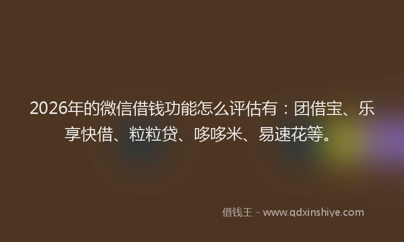 2026年的微信借钱功能怎么评估有：团借宝、乐享快借、粒粒贷、哆哆米、易速花等。