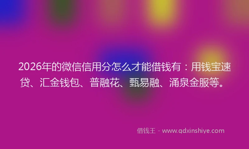 2026年的微信信用分怎么才能借钱有:用钱宝速贷、汇金钱包、普融花、甄易融、涌泉金服等。