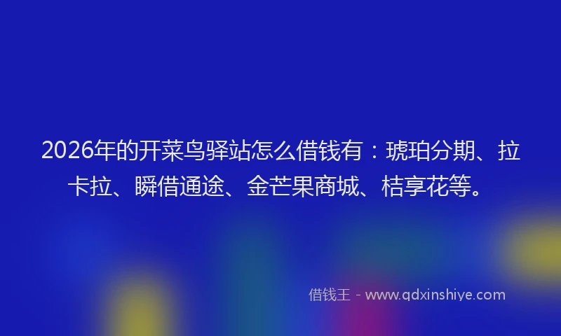 2026年的开菜鸟驿站怎么借钱有：琥珀分期、拉卡拉、瞬借通途、金芒果商城、桔享花等。