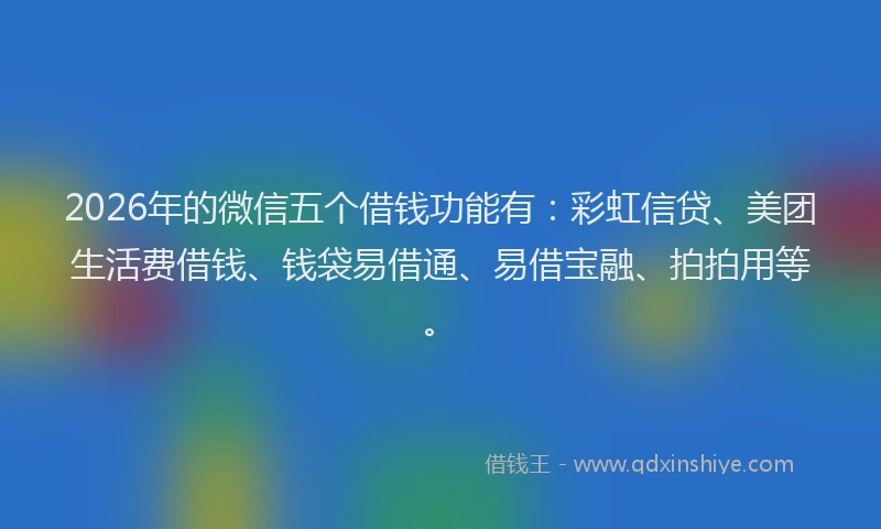 2026年的微信五个借钱功能有：彩虹信贷、美团生活费借钱、钱袋易借通、易借宝融、拍拍用等。