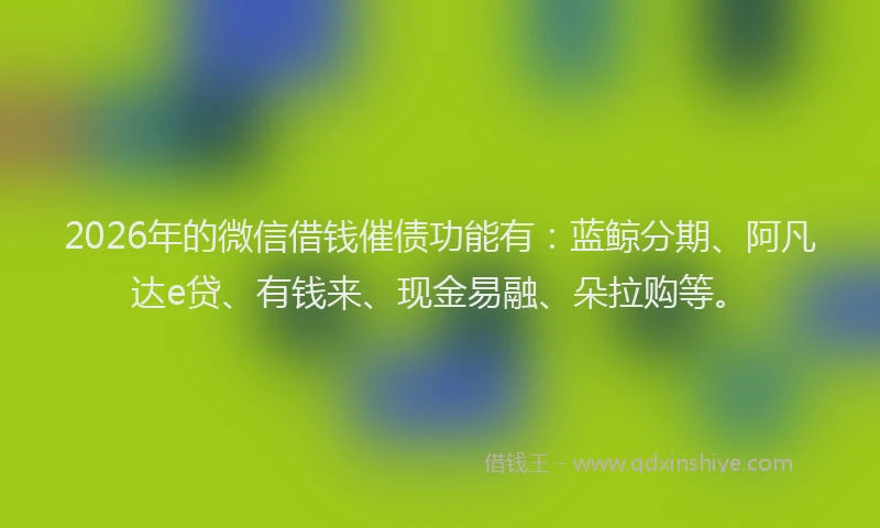 2026年的微信借钱催债功能有：蓝鲸分期、阿凡达e贷、有钱来、现金易融、朵拉购等。