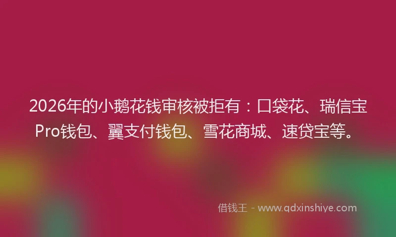 2026年的小鹅花钱审核被拒有：口袋花、瑞信宝Pro钱包、翼支付钱包、雪花商城、速贷宝等。