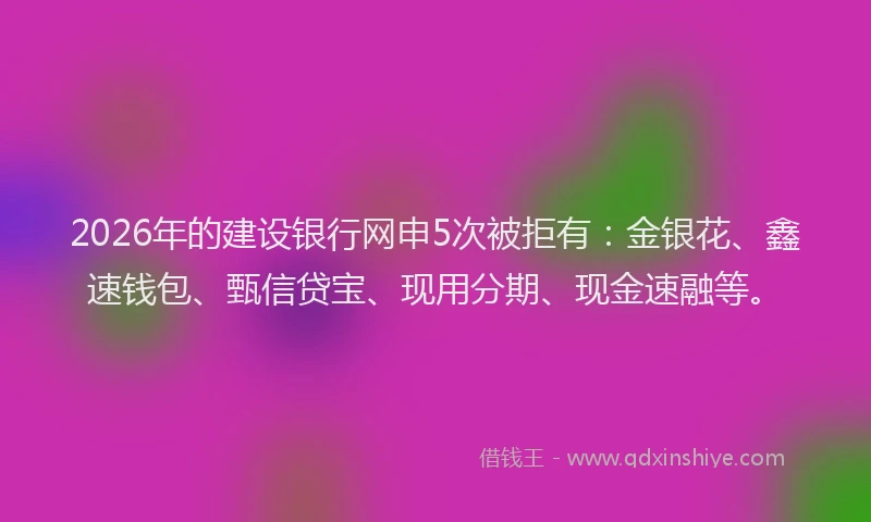 2026年的建设银行网申5次被拒有：金银花、鑫速钱包、甄信贷宝、现用分期、现金速融等。