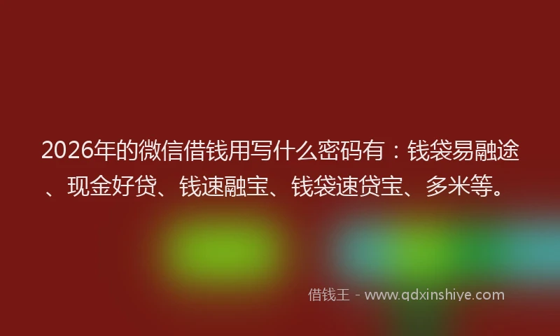 2026年的微信借钱用写什么密码有：钱袋易融途、现金好贷、钱速融宝、钱袋速贷宝、多米等。