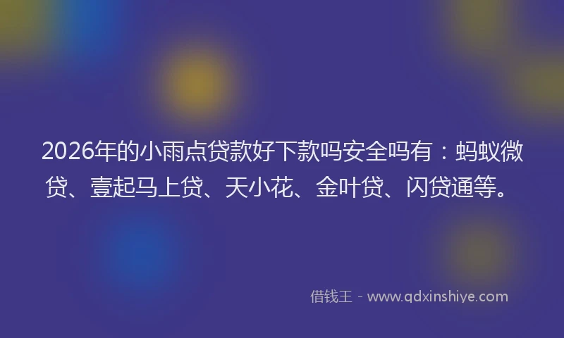 2026年的小雨点贷款好下款吗安全吗有：蚂蚁微贷、壹起马上贷、天小花、金叶贷、闪贷通等。