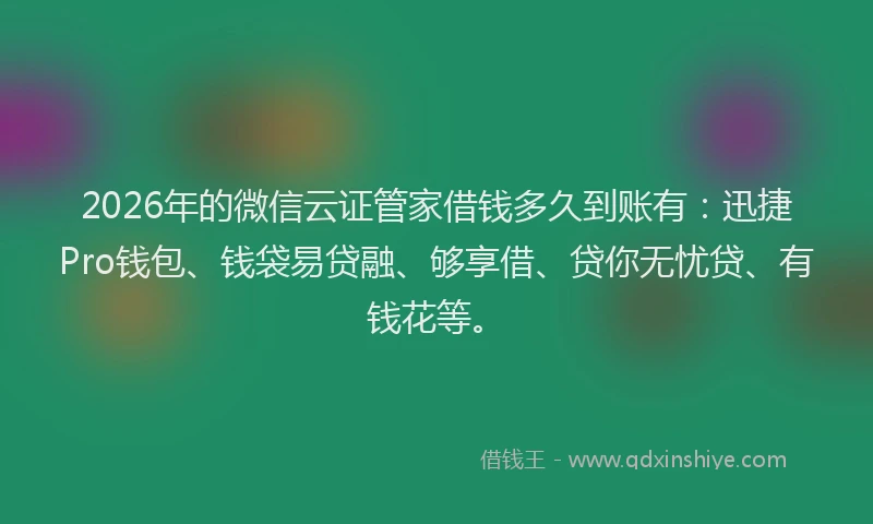 2026年的微信云证管家借钱多久到账有：迅捷Pro钱包、钱袋易贷融、够享借、贷你无忧贷、有钱花等。