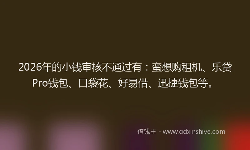 2026年的小钱审核不通过有：蛮想购租机、乐贷Pro钱包、口袋花、好易借、迅捷钱包等。