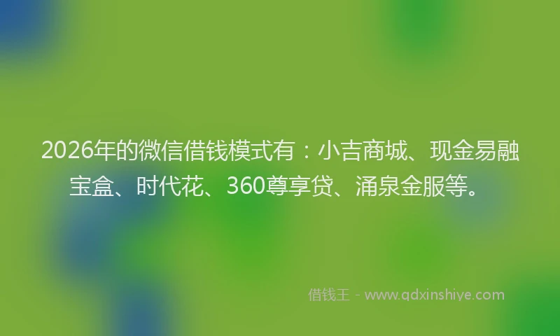 2026年的微信借钱模式有：小吉商城、现金易融宝盒、时代花、360尊享贷、涌泉金服等。