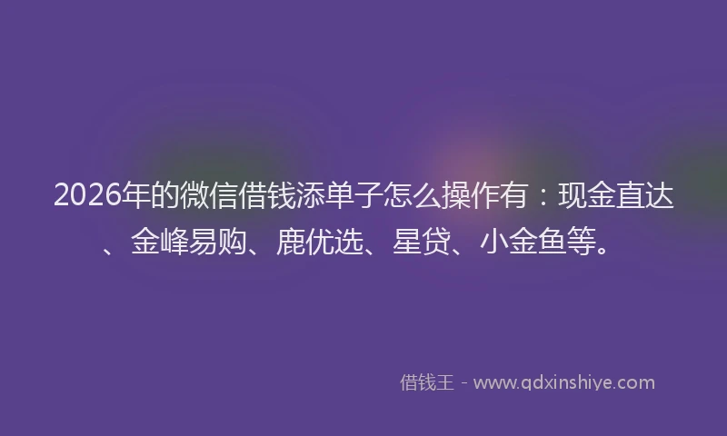 2026年的微信借钱添单子怎么操作有：现金直达、金峰易购、鹿优选、星贷、小金鱼等。