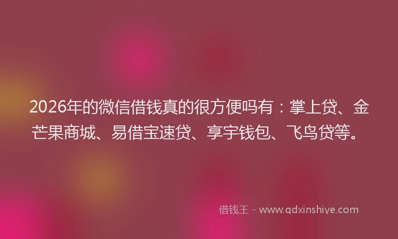 2026年的微信借钱真的很方便吗有：掌上贷、金芒果商城、易借宝速贷、享宇钱包、飞鸟贷等。