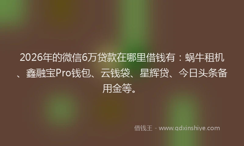2026年的微信6万贷款在哪里借钱有：蜗牛租机、鑫融宝Pro钱包、云钱袋、星辉贷、今日头条备用金等。