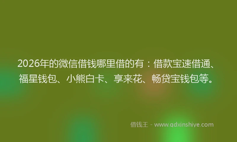 2026年的微信借钱哪里借的有：借款宝速借通、福星钱包、小熊白卡、享来花、畅贷宝钱包等。