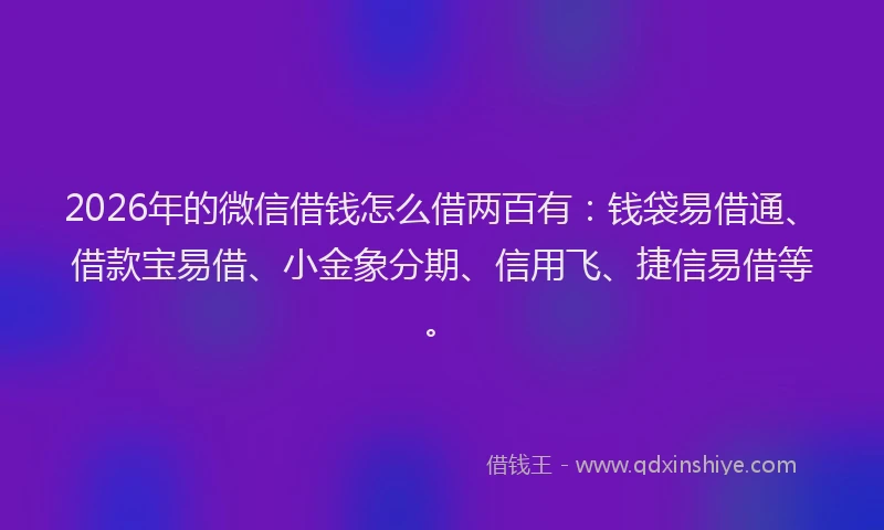 2026年的微信借钱怎么借两百有:钱袋易借通、借款宝易借、小金象分期、信用飞、捷信易借等。